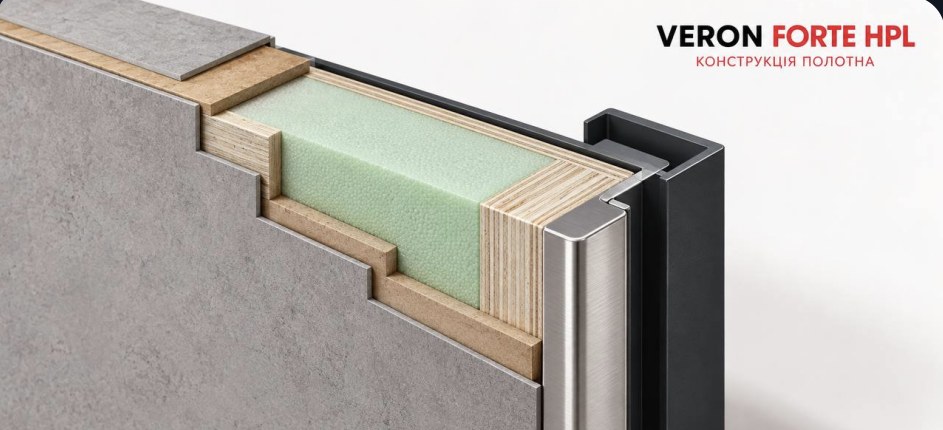 Пошаровий розріз полотна VERON FORTE HPL: HPL, МДФ, пінополістирол, фанерний каркас, нержавійка на торці